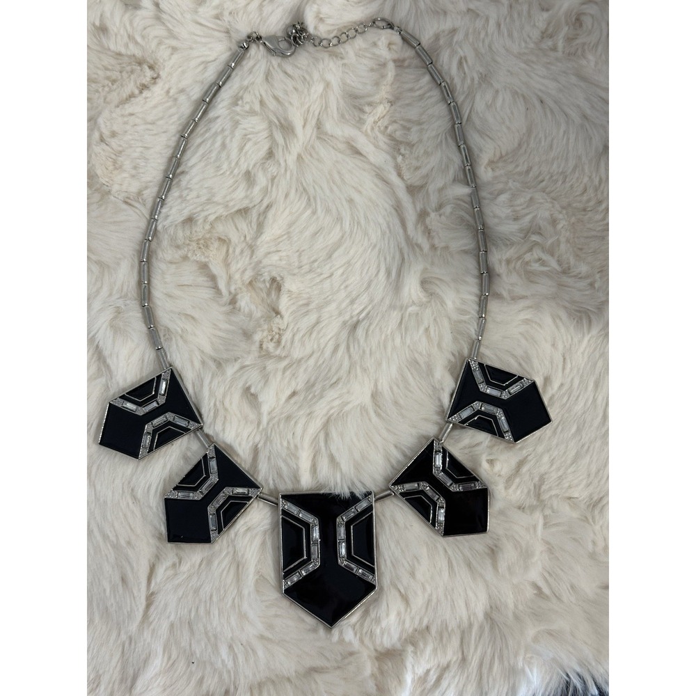 Vtg Black Geometric Statement Necklace Silver Tone Chunky Enamel Art Deco
